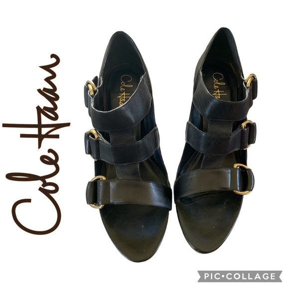 Cole Haan Open Toe Leather Buckle Heels - Picture 8 of 10